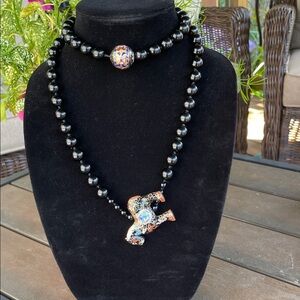 Vintage‎ Cloisonne Black Onyx Bead Horse Necklace Pendant